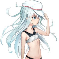 Rule 34 | 10s, 1girl, absurdres, adjusting clothes, adjusting headwear, armpits, bad id, bad pixiv id, bandeau, bare shoulders, bikini, blue eyes, blush, collarbone, cowboy shot, expressionless, from side, hammer and sickle, hat, hibiki (kancolle), highres, kantai collection, long hair, looking to the side, navel, rui rubellent, silver hair, simple background, smile, solo, stomach, swimsuit, tsurime, verniy (kancolle), very long hair, wavy mouth, white background, white hat
