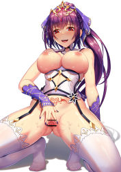 Rule 34 | 1girl, bar censor, bare shoulders, blush, breasts, breasts out, camisole, censored, cleavage, closed mouth, detached sleeves, fate/grand order, fate (series), garter straps, gluteal fold, hair between eyes, hair ribbon, large breasts, leaning back, long hair, looking at viewer, nipples, no panties, pink camisole, ponytail, pubic tattoo, purple hair, purple ribbon, pussy, red eyes, ribbon, scathach (fate), scathach skadi (fate), scathach skadi (third ascension) (fate), simple background, solo, spread pussy, squatting, sweat, tako seijin, tattoo, thighhighs, thighs, tiara, white background, white thighhighs