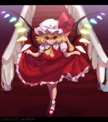 Rule 34 | 1girl, artist name, ascot, bad id, bad twitter id, blonde hair, curtsey, dated, flandre scarlet, frilled shirt collar, frilled skirt, frills, glowing, glowing wings, grin, hair between eyes, hat, hat ribbon, indoors, letterboxed, long skirt, mob cap, mochacot, railing, red eyes, red skirt, red vest, ribbon, short hair, side ponytail, skirt, smile, solo, stairs, touhou, vest, white hat, wings