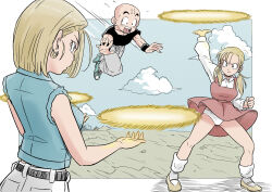 Rule 34 | 1boy, 2girls, android 18, bald, blonde hair, blue eyes, breasts, cloud, commentary, dragon ball, dragon ball gt, dragonball z, dress, earrings, english commentary, facial mark, family, father and daughter, flying, forehead mark, frown, furrowed brow, highres, husband and wife, jeans jacket, jewelry, kienzan, kuririn, low twintails, marron (dragon ball), medium breasts, mother and daughter, motion lines, multiple girls, panties, pantyshot, pink dress, pink mousse, shirt, sleeveless, sleeveless shirt, time paradox, twintails, underwear, white panties