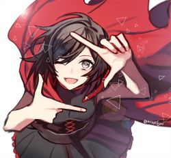 Rule 34 | 1girl, artist name, bad id, bad twitter id, black dress, black hair, cape, check commentary, commentary request, dress, ecru, from above, one eye closed, ruby rose, rwby, grey eyes, sleeves rolled up, solo, triangle