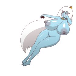 Rule 34 | 1girl, adventure time, blue skin, breasts, colored skin, completely nude, feet, female focus, full body, highres, huge breasts, ice queen (adventure time), jewelry, looking at viewer, matching hair/eyes, mike inel, nail polish, necklace, nude, pussy, remote, solo, tiara, uncensored, white eyes, white hair