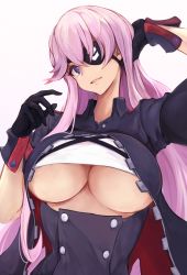 Rule 34 | 1girl, alternate costume, azur lane, black gloves, blue eyes, breasts, cleavage, eyepatch, gloves, hair between eyes, hand on own head, hand up, highres, large breasts, long hair, looking at viewer, marshall k, open mouth, purple hair, scharnhorst (azur lane), solo, white background