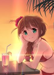 Rule 34 | 10s, 1girl, baba konomi, blush, breasts, brown hair, closed mouth, cup, drinking glass, drinking straw, flower, green eyes, hair flower, hair ornament, hand on own head, highres, idolmaster, idolmaster million live!, jewelry, kamille (vcx68), long hair, looking at viewer, medium breasts, navel, necklace, sideboob, smile, solo, table