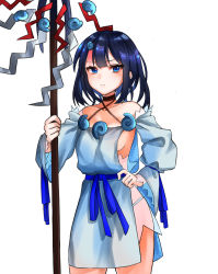 Rule 34 | 1girl, artist request, bare shoulders, black hair, blue eyes, blue ribbon, breasts, closed mouth, collarbone, dress, fate/grand order, fate/requiem, fate (series), frown, fundoshi, hand on own hip, highres, japanese clothes, jewelry, long sleeves, looking at viewer, magatama, magatama hair ornament, medium breasts, medium hair, multicolored hair, necklace, pelvic curtain, pink hair, polearm, puffy long sleeves, puffy sleeves, ribbon, seigaiha, short dress, sideboob, sideless outfit, simple background, spear, streaked hair, thighs, two-sided fabric, two-sided skirt, utsumi erice, weapon, white background, white dress