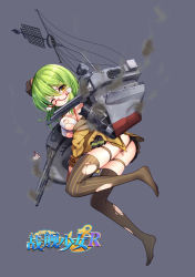 Rule 34 | 1girl, bison cangshu, black panties, black thighhighs, breasts, brown thighhighs, cannon, corset, damaged, garter straps, glasses, green hair, hat, large breasts, machinery, new orleans (warship girls r), official art, panties, radar, remodel (warship girls r), short hair, skirt, smoke, solo, striped clothes, striped thighhighs, thighhighs, torn clothes, torn thighhighs, turret, underwear, vertical-striped clothes, vertical-striped thighhighs, warship girls r, yellow eyes
