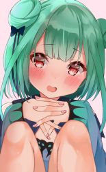 Rule 34 | 1girl, absurdres, blue dress, blunt bangs, blush, blush stickers, double bun, dress, eureka 814, flat chest, green hair, hair bun, highres, hololive, interlocked fingers, knees up, long sleeves, looking at viewer, medium hair, open mouth, pink background, red eyes, simple background, solo, uruha rushia, uruha rushia (1st costume), virtual youtuber