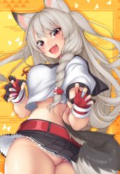 Rule 34 | 1girl, animal ears, ass, azur lane, bad id, bad twitter id, black sailor collar, black skirt, blush, braid, breasts, claw pose, commentary request, crop top, cuffs, fang, fingerless gloves, floating hair, from behind, gloves, highres, large breasts, long hair, looking at viewer, looking back, miniskirt, miso tanuki, nail polish, no panties, open mouth, pleated skirt, puffy short sleeves, puffy sleeves, red eyes, sailor collar, school uniform, serafuku, short sleeves, side ponytail, silver hair, skirt, slit pupils, smile, solo, standing, tail, thick eyebrows, thighs, very long hair, wolf ears, wolf tail, yuudachi (azur lane)