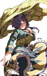 Rule 34 | 1girl, absurdres, animal ears, armband, belt, beret, black hair, blue eyes, braid, braided ponytail, breasts, clenched hand, closed mouth, frown, glasses, green hat, green jacket, green skirt, hat, highres, horse ears, jacket, large breasts, long hair, long sleeves, oono tsutomu, shawl, signature, simple background, skirt, solo, umamusume, upper body, white background, zenno rob roy (umamusume)