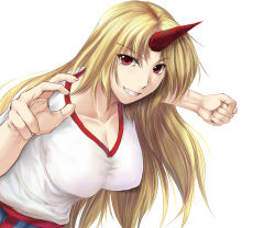 Rule 34 | 1girl, bad id, bad pixiv id, blonde hair, breasts, cleavage, clenched hand, collarbone, female focus, grin, horns, hoshiguma yuugi, large breasts, long hair, red eyes, ryuushou, single horn, smile, solo, touhou, white background