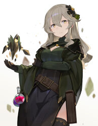 Rule 34 | 1girl, belt, black gloves, black thighhighs, breasts, cleavage cutout, clothing cutout, cowboy shot, falken (yutozin), flask, gloves, golem, grey hair, hair ornament, highres, long hair, long sleeves, looking at viewer, medium breasts, original, round-bottom flask, side slit, simple background, solo, thighhighs, white background, yellow eyes