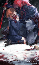 Rule 34 | 1boy, 1girl, blood, blood on clothes, blood on face, covered mouth, edamameoishii, eye contact, fate/grand order, fate (series), fujimaru ritsuka (female), hand on another&#039;s face, hand on another&#039;s hand, hand tattoo, highres, holding, holding sword, holding weapon, kneeling, long hair, looking at another, official alternate costume, okada izou (fate), okada izou (second ascension) (fate), on ground, orange eyes, orange hair, outdoors, red eyes, red hair, scarf, school uniform, short hair, snow, snowing, sword, tattoo, torn clothes, torn socks, weapon