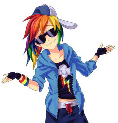 Rule 34 | 1girl, backwards hat, baseball cap, bracelet, fingerless gloves, flat chest, gloves, hat, hood, hoodie, jewelry, looking at viewer, messy hair, multicolored hair, my little pony, my little pony: friendship is magic, pants, personification, rainbow dash, rainbow hair, raised eyebrow, semehammer, shrugging, sleeves pushed up, solo, sunglasses, sweatband, sweatpants, sweater, zipper