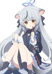 Rule 34 | 1girl, animal ears, black dress, black hair, black jacket, blue archive, blush, breasts, brown eyes, crossed bangs, dress, floral print, frilled skirt, frills, grey hair, halo, highres, jacket, kokona (blue archive), long hair, multicolored hair, open mouth, paper, pencil, shoes, sidelocks, simple background, sitting, skirt, small breasts, sneakers, solo, streaked hair, striped clothes, striped dress, tyakomes, vertical stripes, very long hair, white background