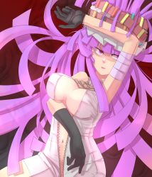 Rule 34 | 1girl, absurdres, bad id, bad pixiv id, breasts, cleavage, female focus, gloves, hat, highres, large breasts, long hair, patchouli knowledge, purple eyes, purple hair, solo, tebakan, touhou, unzipped