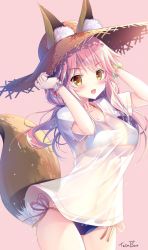 Rule 34 | 10s, 1girl, animal ears, bikini, blue bikini, blush, bracelet, breasts, cleavage, commentary request, ears through headwear, fate/extra, fate/grand order, fate (series), fox ears, fox tail, hat, highres, jewelry, large breasts, long hair, looking at viewer, navel, open mouth, pink background, pink hair, see-through, shirt, side-tie bikini bottom, simple background, smile, solo, sousouman, straw hat, sun hat, swimsuit, tail, tamamo (fate), tamamo no mae (fate/extra), tamamo no mae (swimsuit lancer) (fate), tamamo no mae (swimsuit lancer) (second ascension) (fate), wet, wet clothes, yellow eyes