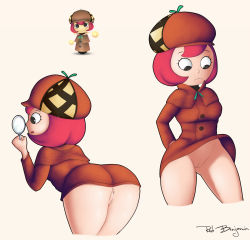 Rule 34 | 1girl, artist name, ass, bent over, black eyes, breasts, brown coat, brown headwear, cleft of venus, coat, from behind, hat, iris archwell, leaning forward, legs apart, long sleeves, looking down, magnifying glass, medium breasts, multiple views, nintendo, no panties, pink hair, pussy, red benjamin, sheila bell, short hair, signature, simple background, smile, standing, streetpass, surechigai meikyuu, text focus, tongue, tongue out, uncensored, white background