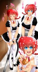 Rule 34 | 1girl, absurdres, alternate universe, apron, ass, barefoot, blue eyes, braid, breasts, chopsticks, cleavage, dress, feeding, floor, food, full body, heart, highres, holding, holding food, large breasts, lips, lipstick, looking at another, looking at viewer, maid, maid apron, maid headdress, makeup, multiple views, musical note, nail polish, necktie, omiiverse, open mouth, ranma-chan, ranma 1/2, red hair, shiny skin, single braid, smile, standing, tempura, thighhighs, thighs, translation request, upper body, vacuum cleaner, wide hips, wrist cuffs, zettai ryouiki