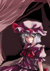Rule 34 | 1girl, bad id, bad pixiv id, bee (deadflow), blue hair, bow, bowtie, curtains, dress, evil smile, fang, female focus, hat, looking at viewer, no wings, puffy short sleeves, puffy sleeves, red bow, red bowtie, red eyes, remilia scarlet, ribbon, short hair, short sleeves, silver hair, smile, solo, touhou