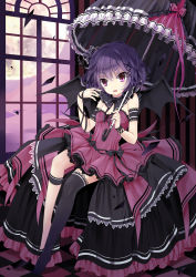 Rule 34 | 1girl, :o, bare shoulders, bat wings, black thighhighs, blue hair, checkered floor, dress, female focus, floor, highres, holding, purple eyes, remilia scarlet, ribbon, single thighhigh, solo, thighhighs, tot (zhxto), touhou, umbrella, wind, window, wings