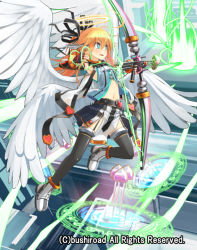 Rule 34 | 1girl, arrow (projectile), belt, blonde hair, blue eyes, boots, bow, bow (weapon), cardfight!! vanguard, company name, feathered wings, fingerless gloves, gloves, heart, long hair, love sniper nociel, magic circle, midriff, navel, official art, patricia (stylish marunage), thighhighs, weapon, wings