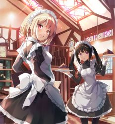 Rule 34 | 2girls, absurdres, alternate costume, alternate hairstyle, apron, black hair, blonde hair, cafe, enmaided, highres, holding, holding tray, indoors, inoue takina, light blush, long hair, looking at viewer, looking back, lycoris recoil, maid, maid apron, maid headdress, multiple girls, nishikigi chisato, open mouth, parfait, purple eyes, red eyes, short hair, smile, stairs, sunlight, teeth, tray, twintails, upper teeth only, uu-tan (hushigi10)