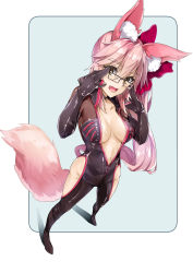 Rule 34 | 1girl, absurdres, animal ears, bow, breasts, choker, cleavage, collarbone, damow (myway83522), fang, fate/grand order, fate (series), fox ears, fox tail, glasses, hair bow, highres, koyanskaya (assassin) (first ascension) (fate), koyanskaya (fate), large breasts, long hair, looking at viewer, open clothes, open mouth, pink hair, skin tight, solo, tail, tamamo (fate), very long hair, yellow eyes