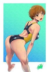 1girl arched_back artist_name ass back backless_outfit black_one-piece_swimsuit bob_cut breasts brown_eyes brown_hair competition_swimsuit female_focus gentle_sasaki gradient_background green_background highres large_breasts leaning_forward looking_at_viewer looking_back one-piece_swimsuit open_mouth persona persona_4 satonaka_chie shadow short_hair signature smile solo standing swimsuit teeth thighs two-tone_background wet white_background