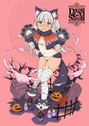 Rule 34 | 1girl, 1other, abyssal ship, aka ringo, animal ears, animal hands, bandaged arm, bandaged leg, bandages, bell, black footwear, blush, candle, enemy lifebuoy (kancolle), fake animal ears, full body, gloves, green eyes, hair bell, hair ornament, halloween, halloween costume, highres, jack-o&#039;-lantern, jingle bell, kantai collection, long hair, maestrale (kancolle), navel, open mouth, paw gloves, pink background, silver hair, tail, tan, tanline, tombstone, wolf ears, wolf paws, wolf tail