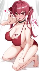 Rule 34 | 1girl, absurdres, bikini, breast tattoo, breasts, choker, cleavage, collarbone, feet, fellatio gesture, hair ribbon, heart, heart tattoo, heterochromia, highres, hololive, houshou marine, houshou marine (summer), large breasts, looking at viewer, navel, red bikini, red eyes, red hair, red ribbon, ribbon, sohachi, stomach, swimsuit, tattoo, thighs, tongue, tongue out, twintails, virtual youtuber, yellow eyes