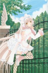 Rule 34 | 00s, 1girl, angel wings, back, blonde hair, brown eyes, chii, chobits, clamp, finger to mouth, fishnet thighhighs, fishnets, frilled sleeves, frills, gate, hair ribbon, hair tubes, lolita fashion, long hair, long sleeves, official art, orange eyes, ribbon, robot ears, shoes, solo, standing, standing on one leg, thighhighs, very long hair, wide sleeves, wings, zettai ryouiki