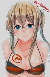 Rule 34 | 10s, 1girl, alternate hairstyle, bare shoulders, bikini, blonde hair, blue eyes, blush, bodypaint, breasts, cleavage, closed mouth, collarbone, flag print, german flag, graf zeppelin (kancolle), grey background, hair between eyes, head tilt, kantai collection, merry christmas, sekigan, short hair with long locks, side ponytail, sidelocks, simple background, smile, solo, swimsuit, tsurime, upper body