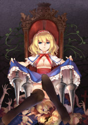Rule 34 | 1girl, alice margatroid, blonde hair, blue eyes, breasts, capelet, chair, cleavage, doll, dress, female focus, greetload, hairband, lance, large breasts, long hair, no bra, no panties, polearm, short hair, sitting, skirt, solo, thighhighs, touhou, weapon
