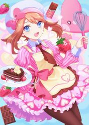 Rule 34 | 1girl, alternate costume, apron, blue eyes, cake, candy, chocolate, chocolate bar, creatures (company), dress, food, fruit, game freak, gen 3 pokemon, hat, heart, highres, holding, holding plate, light brown hair, looking at viewer, luvdisc, may (pokemon), necktie, nintendo, open mouth, pink dress, plate, pokemon, pokemon (creature), pokemon oras, smile, strawberry, tsu (md tsune), whisk, white headwear