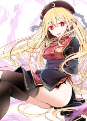 Rule 34 | 1girl, ass, bad id, bad pixiv id, black dress, black thighhighs, blonde hair, breasts, chinese clothes, dress, ears, hair between eyes, hair ornament, highres, junko (touhou), large breasts, long hair, long sleeves, looking at viewer, no panties, oouso, open mouth, red eyes, sash, side slit, solo, table, teeth, thighhighs, thighs, touhou, upskirt, very long hair, white background, wide sleeves, zettai ryouiki