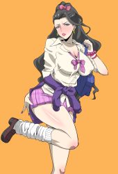 Rule 34 | 1girl, bag, black hair, blush, bow, breasts, cleavage, clothes around waist, cosplay, earrings, executive mishiro, female focus, green eyes, hair bow, idolmaster, idolmaster cinderella girls, impossible clothes, jewelry, large breasts, lipstick, long hair, looking at viewer, loose socks, makeup, miniskirt, nail polish, nekokan (cat&#039;s cradle), orange background, plaid, plaid skirt, pleated skirt, ponytail, purple nails, red lips, ribbon, school uniform, scrunchie, simple background, skirt, socks, solo, standing, standing on one leg, sweater, sweater around waist, yellow background