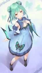Rule 34 | 1girl, black footwear, blue dress, blue sleeves, brown eyes, closed mouth, commentary request, detached sleeves, double bun, dress, frilled dress, frills, full body, funyariko, green hair, green nails, hair bun, hair ornament, highres, hololive, juliet sleeves, long sleeves, looking at viewer, nail polish, puffy sleeves, shoes, skull hair ornament, sleeveless, sleeveless dress, smile, solo, standing, uruha rushia, uruha rushia (1st costume), virtual youtuber, wide sleeves