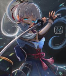 Rule 34 | 1girl, aqua eyes, arm armor, armor, arms up, artist logo, ayaka (genshin impact), collared dress, commentary, covered mouth, cowboy shot, dress, english commentary, eye trail, floating hair, genshin impact, grey dress, grey hair, hair ribbon, high collar, highres, holding, holding sword, holding weapon, japanese armor, japanese clothes, katana, kusazuri, light trail, long hair, looking back, pink ribbon, red rope, ribbon, rope, ryrmcher, sideways glance, signature, sleeves past elbows, solo, standing, sword, tassel, tress ribbon, underbust, unsheathed, watermark, weapon