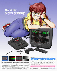 Rule 34 | 1980s (style), 1girl, belt, blouse, breasts, controller, converse, crt, denim, english text, full body, game console, game controller, glasses, head rest, jeans, jose salot, lying, medium breasts, oldschool, on side, orange eyes, original, pants, red hair, remote control, retro artstyle, sega mega drive, shirt, shoes, smile, sneakers, solo, sony, twitter username, watch, watermark, web address, wristwatch, yellow shirt