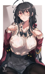 Rule 34 | absurdres, ahoge, animal ears, armband, azur lane, black cat, black hair, black pantyhose, breasts, cat, cat ears, crossed bangs, glasses, hair ribbon, highres, iparupua, jacket, large breasts, long hair, neck ribbon, off shoulder, official alternate costume, pantyhose, paw pose, pleated skirt, red eyes, red jacket, ribbon, shirt, skirt, taihou (azur lane), taihou (sweet time after school) (azur lane), uniform, white shirt, yellow armband