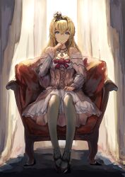 Rule 34 | 1girl, aruka, backlighting, black footwear, blonde hair, blue eyes, braid, chair, corset, crown, curtains, dress, flower, french braid, full body, highres, jewelry, kantai collection, long hair, long sleeves, looking at viewer, mary janes, mini crown, necklace, off-shoulder dress, off shoulder, red flower, red ribbon, red rose, ribbon, rose, shoes, sitting, solo, thighhighs, warspite (kancolle), white dress, white thighhighs