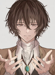 Rule 34 | 1boy, bandaged arm, bandaged neck, bandages, brown eyes, brown hair, brown jacket, bungou stray dogs, closed mouth, collared shirt, dazai osamu (bungou stray dogs), gorigorinogori, highres, jacket, shirt, short hair, simple background, solo, upper body