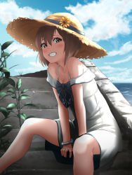 Rule 34 | 1girl, blue sky, blush, breasts, brown eyes, brown hair, closed mouth, cloud, day, dress, flower, gradient sky, hair between eyes, hat, hat flower, highres, kantai collection, looking at viewer, ocean, off-shoulder dress, off shoulder, short hair, sitting, sky, small breasts, smile, solo, straw hat, tama (tamago), white dress, yukikaze (kancolle)