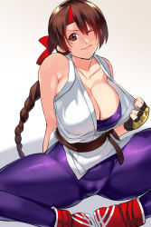 Rule 34 | 1girl, belt, black belt, bodysuit, braid, braided ponytail, breasts, brown eyes, brown hair, cleavage, collarbone, covered erect nipples, dougi, fingerless gloves, gloves, hair between eyes, headband, highres, large breasts, looking at viewer, martial arts belt, negresco, one eye closed, pulled by self, red footwear, red headband, resolution mismatch, ryuuko no ken, shoes, sitting, sleeveless, sleeveless bodysuit, sneakers, snk, solo, source larger, spread legs, swept bangs, the king of fighters, thick thighs, thighs, yellow gloves, yuri sakazaki