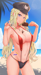 Rule 34 | 1girl, :q, alternate costume, armpits, bandaid, beach, blue eyes, blue sky, blush, breasts, chocolate, chocolate on body, chocolate on breasts, cleavage, cloud, cowboy shot, day, earrings, food, food on body, food on breasts, fp-6 (girls&#039; frontline), girls&#039; frontline, green hair, groin, hair ornament, hairclip, hat, head tilt, highres, holding, holding food, jewelry, large breasts, licking lips, long hair, looking at viewer, maxdeng, navel, necklace, ocean, outdoors, popsicle, sand, sky, slingshot swimsuit, star (symbol), stomach, stud earrings, swimsuit, swimsuit tug, tan, tanline, tongue, tongue out, very long hair, wet