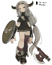 Rule 34 | 1girl, ankle boots, axe, black footwear, boots, bridal gauntlets, bright pupils, character name, closed mouth, ebimomo, full body, grey hair, headband, highres, holding, holding shield, holding weapon, horns, long hair, looking at viewer, low-tied long hair, low ponytail, pointy ears, purple eyes, shield, simple background, single sock, single thighhigh, socks, solo, stones of dragon, thighhighs, very long hair, weapon, white background, white pupils
