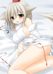 Rule 34 | 1girl, animal ears, ass, bare shoulders, blush, breasts, brown eyes, detached sleeves, female focus, inubashiri momiji, large breasts, lying, mashima (sumachi), no pants, on side, panties, short hair, silver hair, solo, striped clothes, striped panties, tail, touhou, underwear, wolf ears, wolf tail
