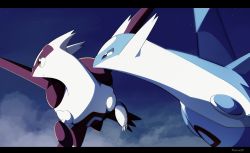Rule 34 | claws, closed mouth, commentary request, creatures (company), game freak, gen 3 pokemon, highres, jacknaiff, latias, latios, legendary pokemon, letterboxed, night, nintendo, no humans, outdoors, pokemon, pokemon (creature), purple eyes, sky, star (sky), yellow eyes
