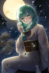 Rule 34 | 1girl, cup, full moon, green eyes, green hair, highres, holding, holding cup, japanese clothes, kageharu, kagiyama hina, kimono, looking at viewer, moon, night, night sky, sitting, sky, smile, solo, touhou, white kimono, wide sleeves