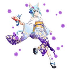Rule 34 | 1girl, animal ears, bag, blue eyes, blue hair, blue ribbon, cat ears, cat tail, closed mouth, floral print, full body, gradient kimono, hair between eyes, highres, holding, japanese clothes, kimono, leg up, long sleeves, looking at viewer, obi, official art, print kimono, ribbon, sash, short hair with long locks, sidelocks, sinon (sao-alo), solo, sword art online, tabi, tail, transparent background, white legwear, wide sleeves, yukata